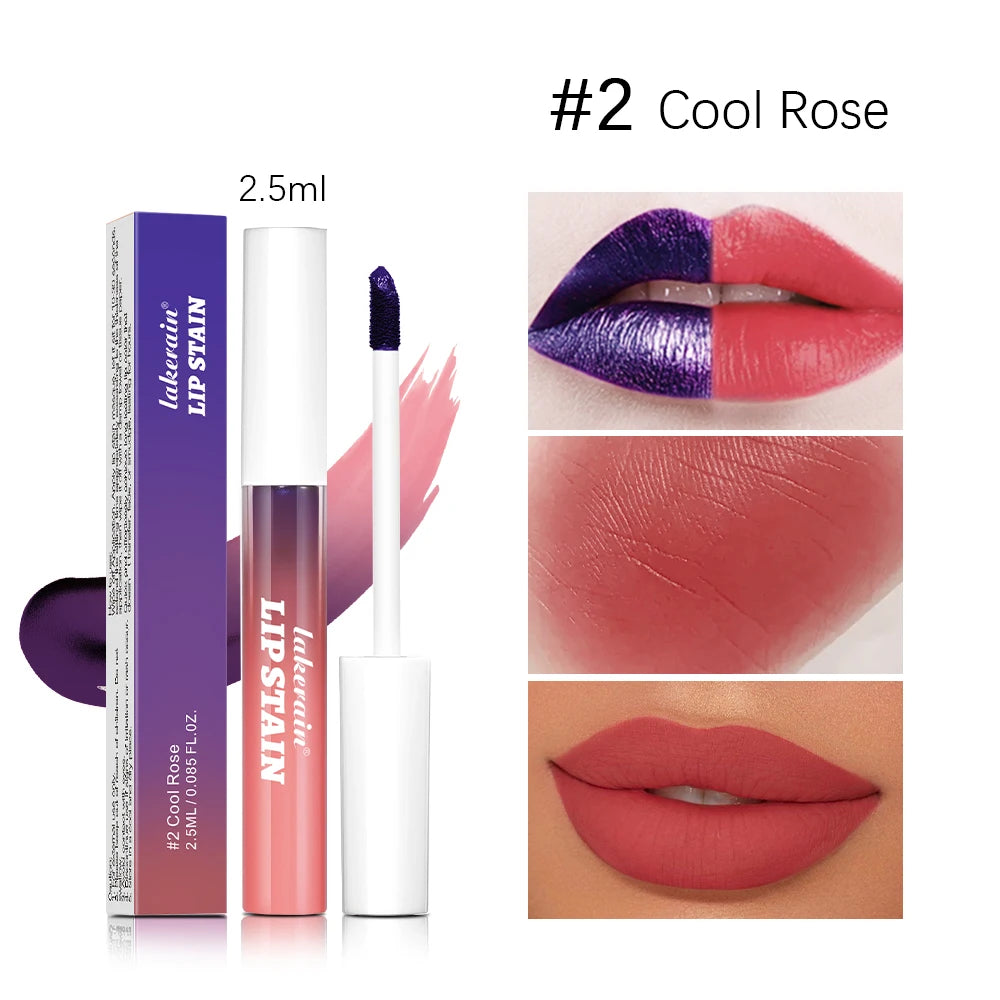 Lakerain waterproof peel-off lip stain in Cool Rose. Matte, transfer-proof, long-lasting pink liquid lipstick applicator.