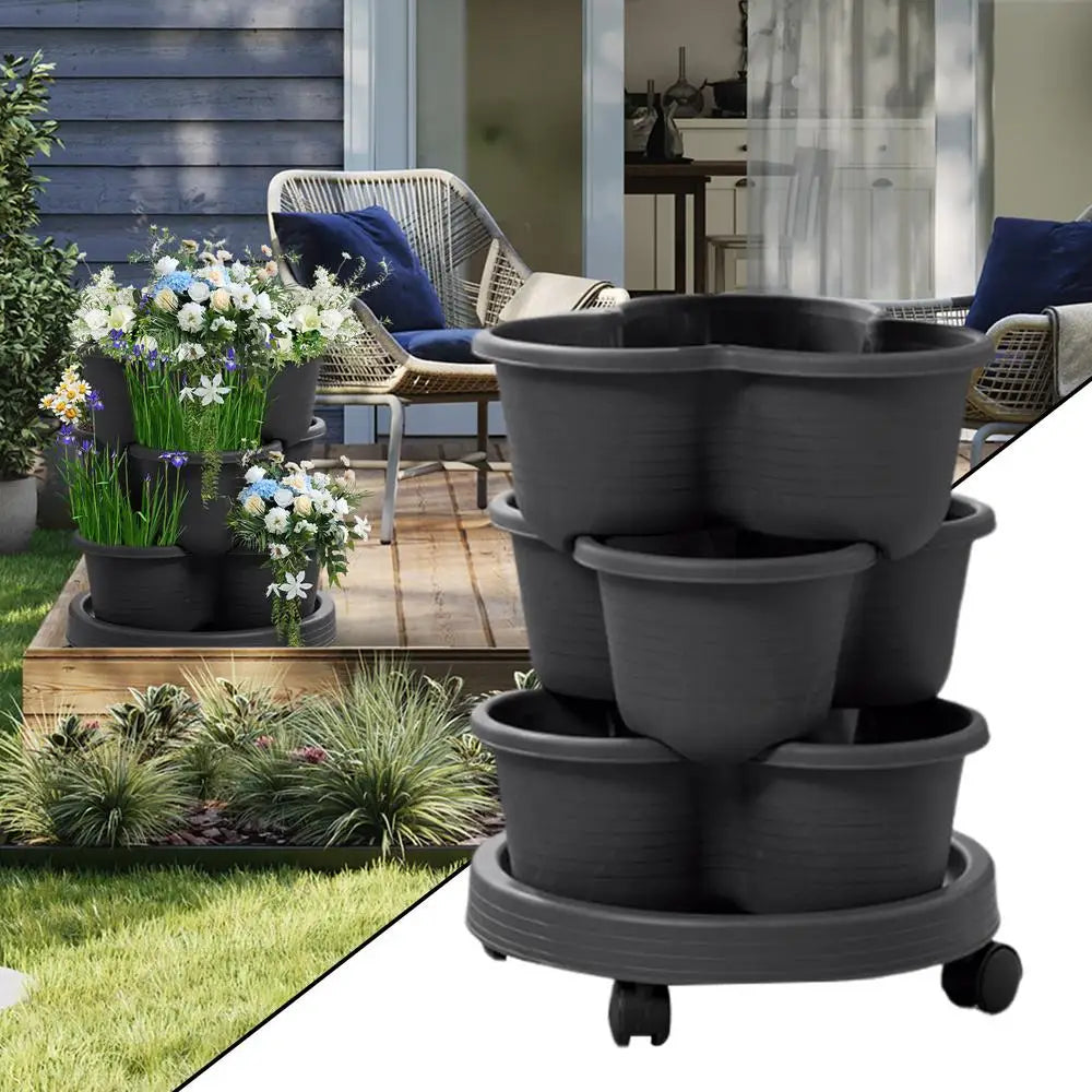 Wide view of dark gray 3-tier planter tower with three stacked pots and rolling base