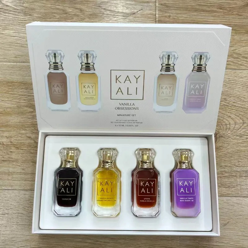 KAYALI Vanilla Obsessions EDP Gift Set: 4 mini glass perfume bottles featuring floral, fruity, and musk fragrance notes.