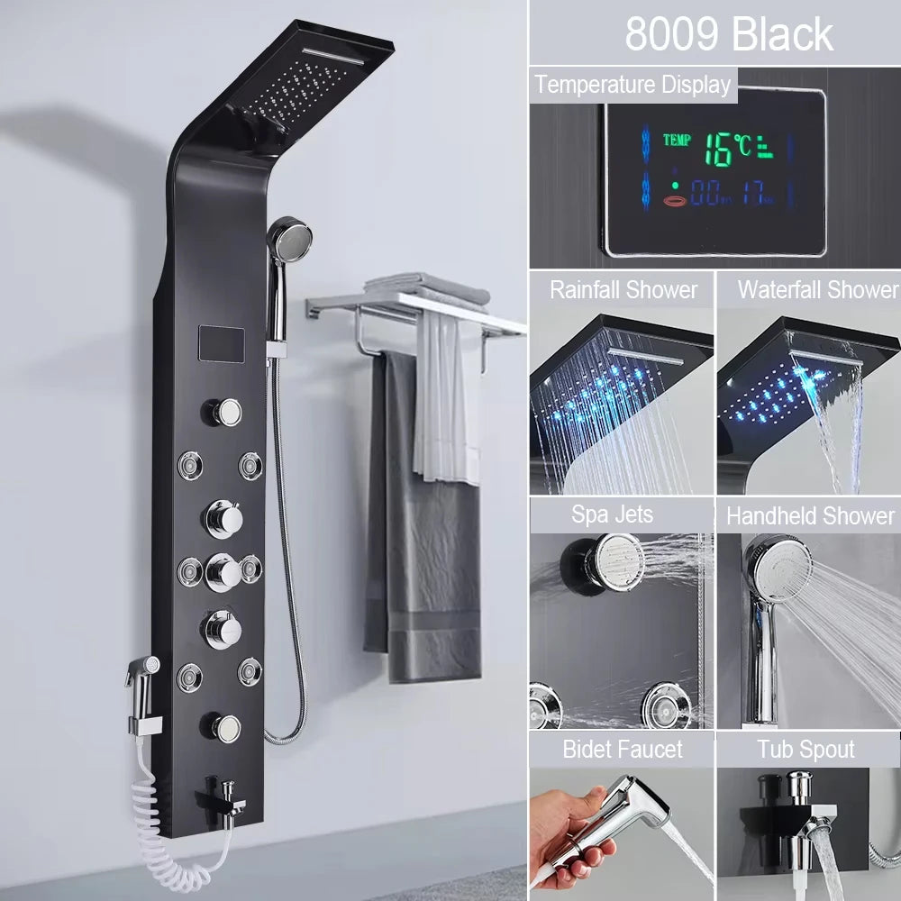 LED Light Shower Faucet Bathroom SPA Massage Jet Shower Column System Waterfall Rain Shower Panel Bidet Sprayer Tap