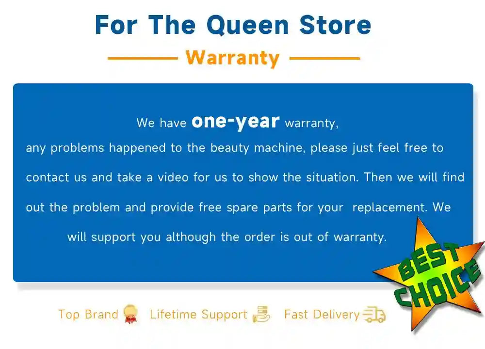 4QUEENS one-year warranty card for foot massager, featuring pain relief, blood circulation and kneading treatment info.