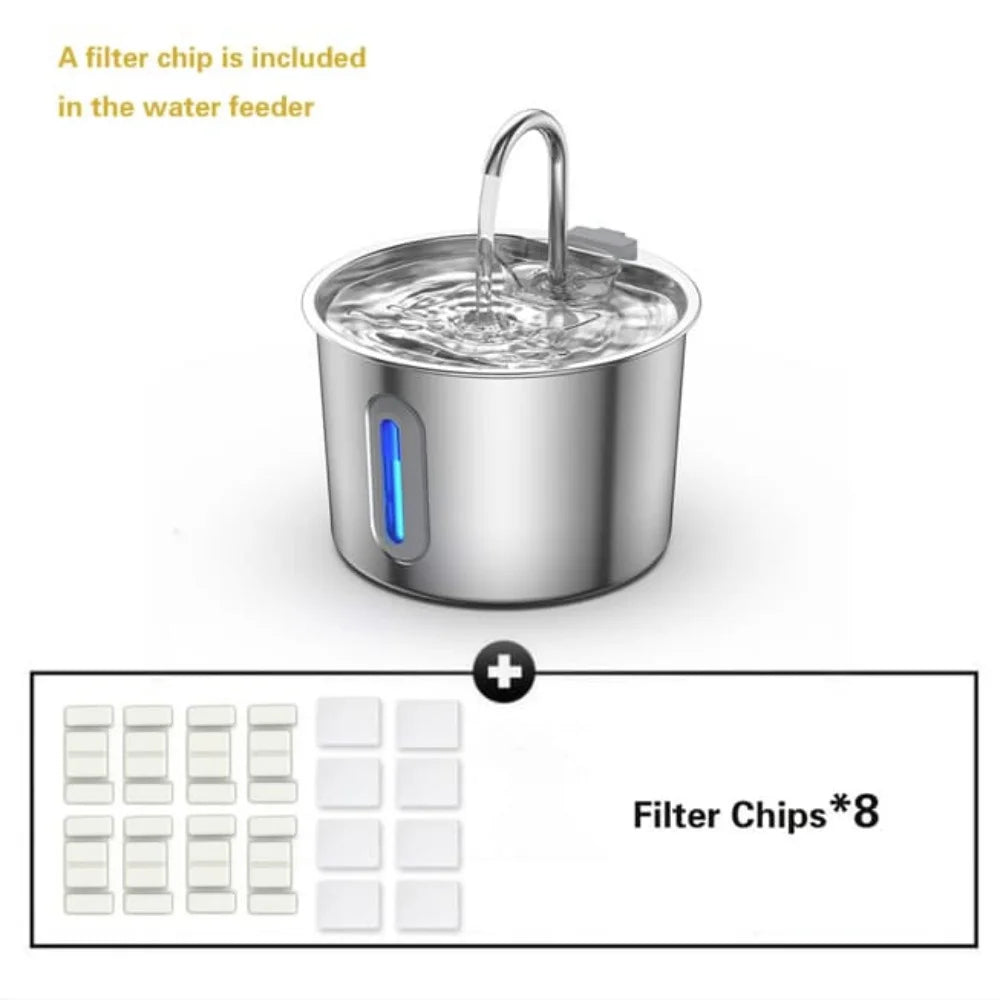 2.2L stainless steel smart pet water fountain with window and 8 replacement filters for clean, flowing cat and dog water.
