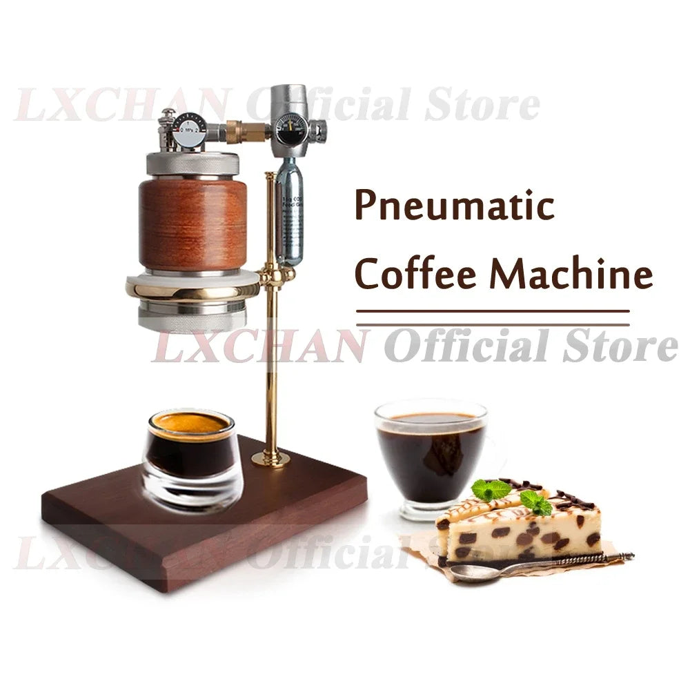 LXCHAN pneumatic coffee machine with wood and brass accents, pressure gauge, and wood base for espresso brewing.
