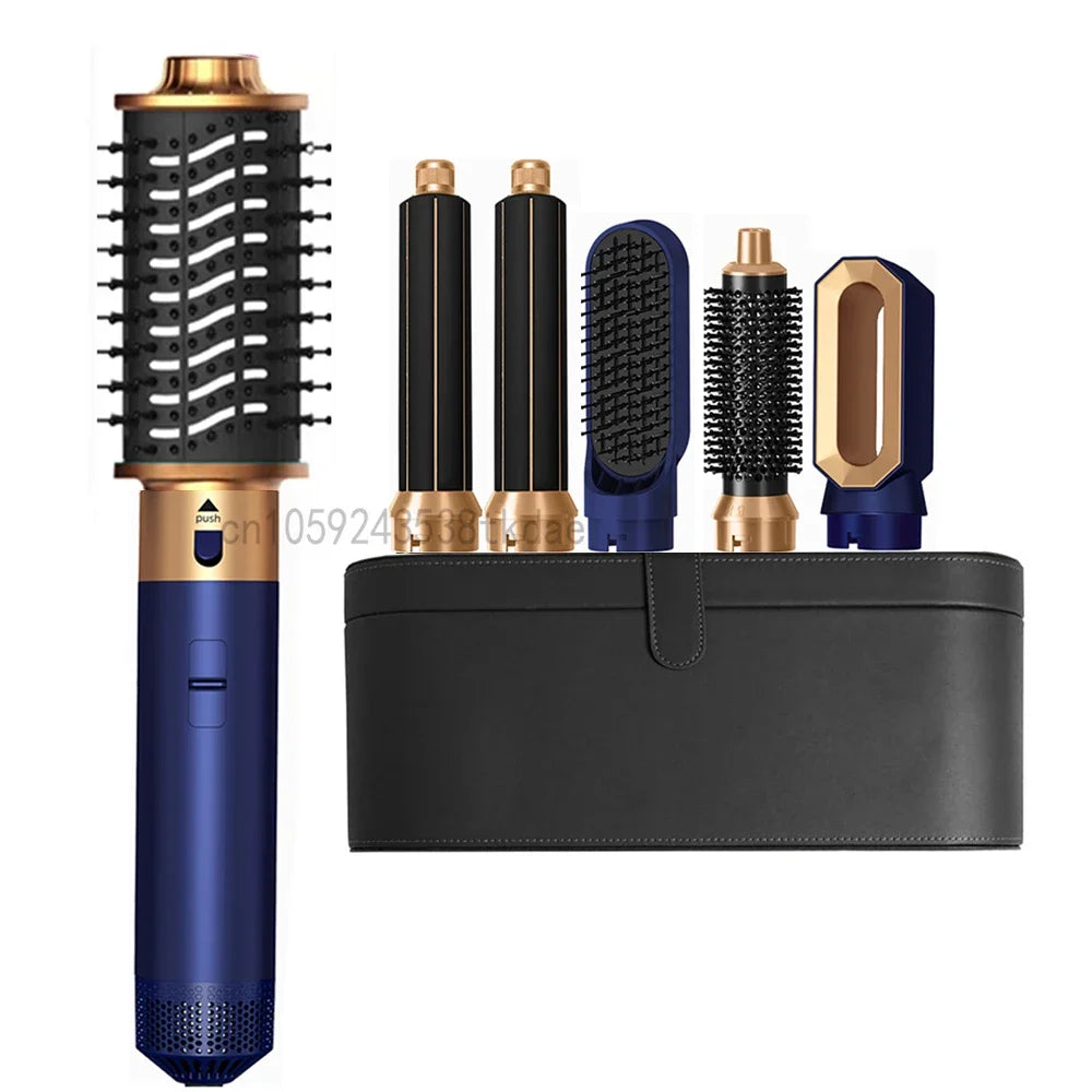 Blue and gold 6-in-1 hair dryer brush set with curling barrels, straightener, and styling attachments in carry case.