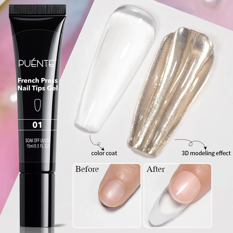 15ml clear French press nail tips gel in a black squeeze tube for applying extensions and 3D nail art.