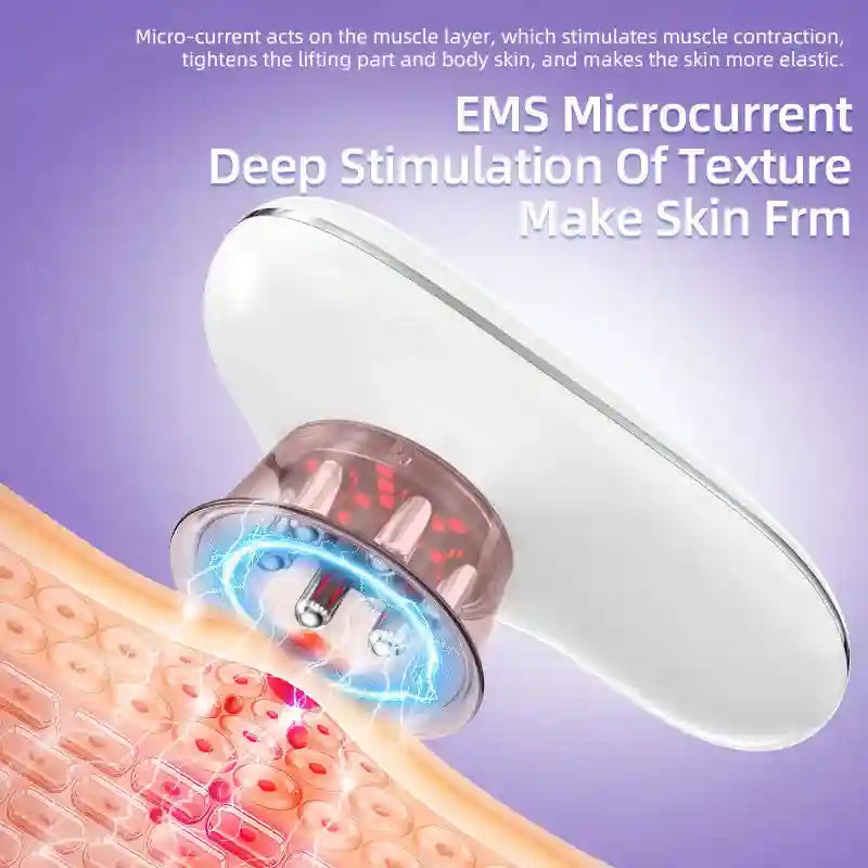 White, handheld 4-in-1 body sculpting device with a translucent head emitting blue light and electrical impulses.