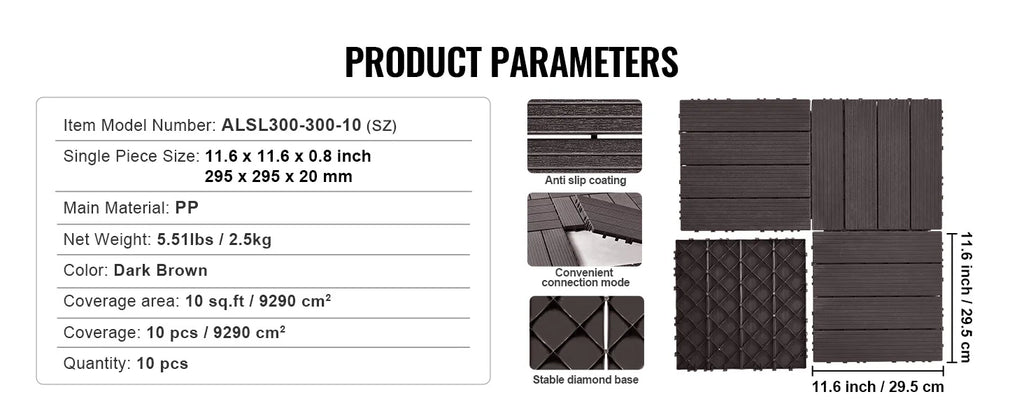 SucceBuy  Interlocking Deck Tiles Plastic Waterproof Outdoor Flooring All Weather Use Patio Floor for Porch Poolside Dark Grey