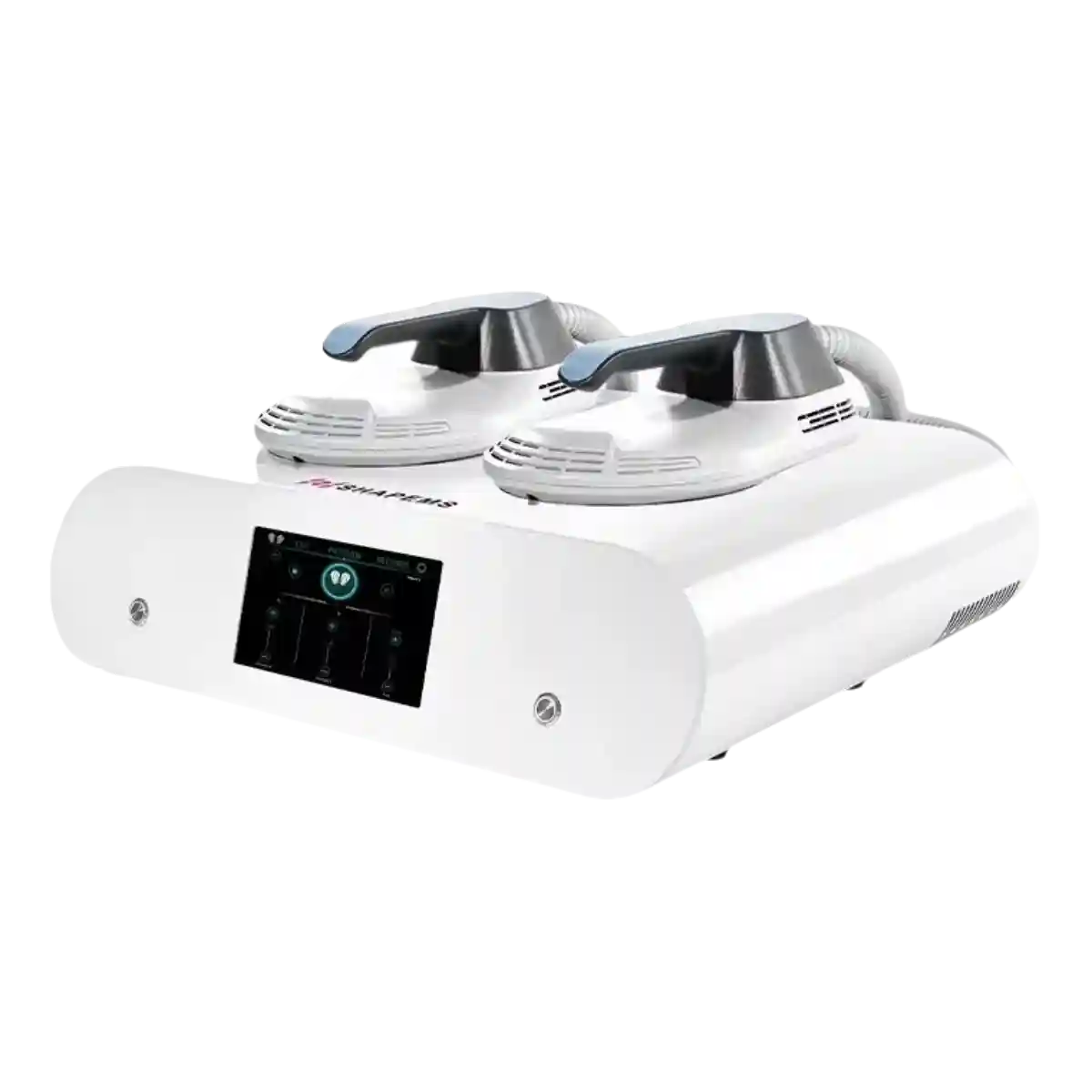 White HIEMT EMS NEO RF body sculpting machine with two applicators, touchscreen display, and muscle stimulation tech.