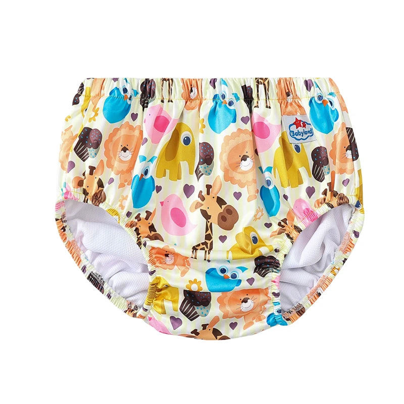 Babyland reusable baby cloth diaper with colorful animal print, lion and giraffe design.