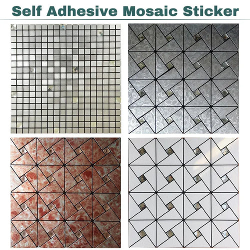 Self-adhesive mosaic tile sticker sheets with geometric square grid pattern, mixed colors