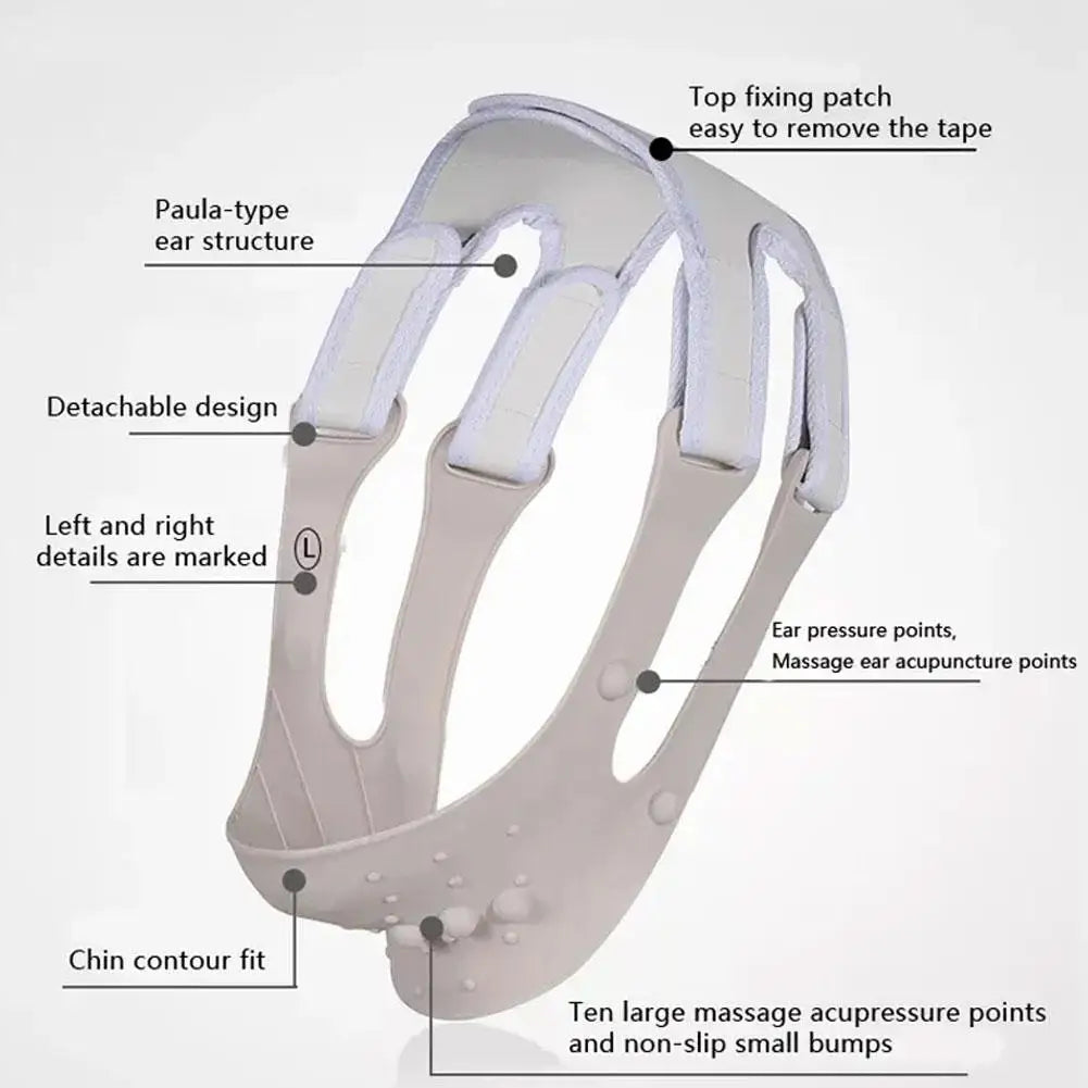 Beige V-line face slimming bandage with adjustable straps, massage acupressure points, and a contoured chin design.