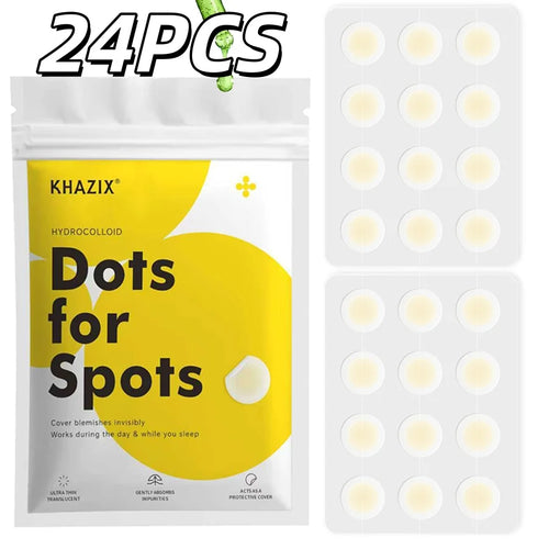 Hydrocolloid acne patch set with 24 clear dot patches and sealed pouch packaging