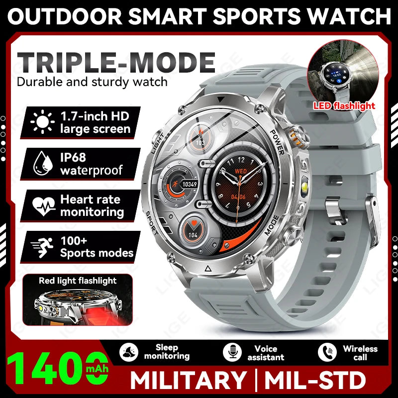 Light gray sports smartwatch with round screen and LED flashlight