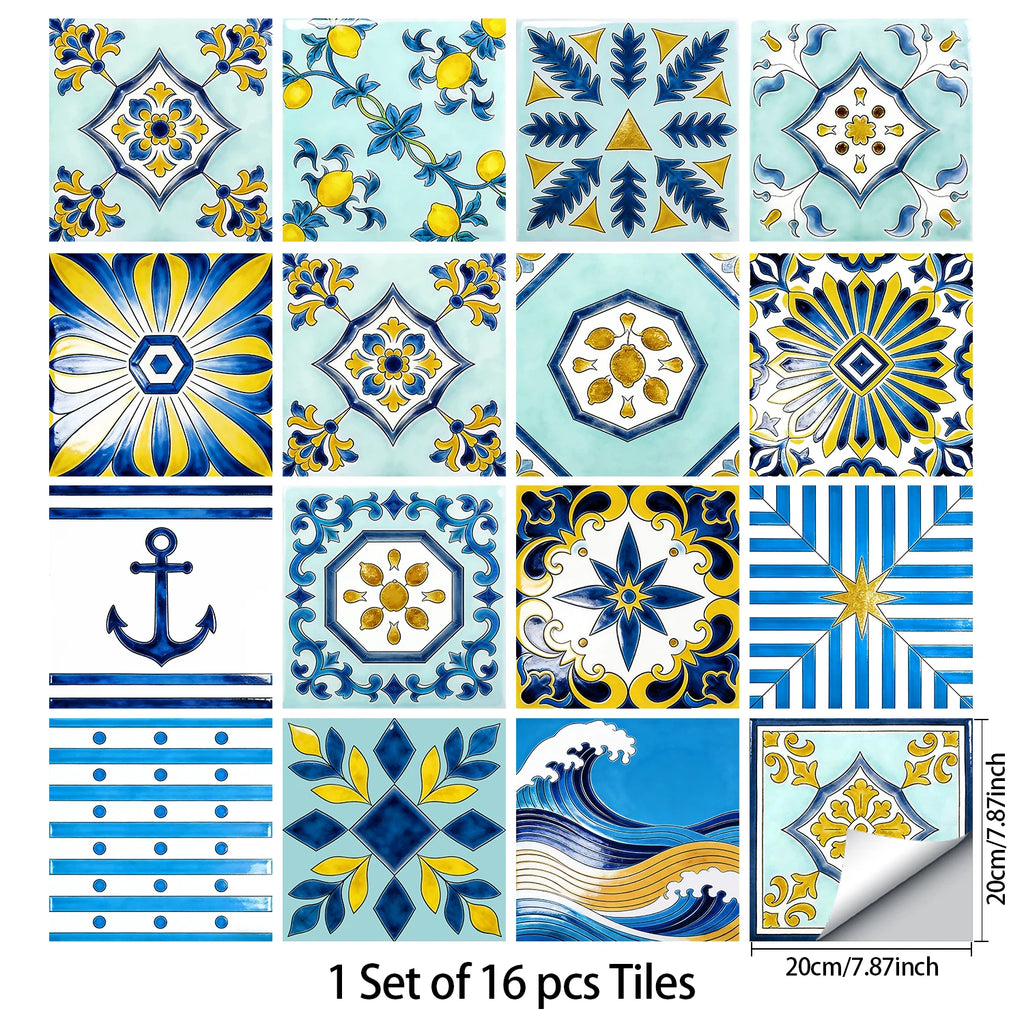 16pcs Portuguese Azulejo Tile Decals - Blue Yellow Floral Geometric Self-Adhesive Wall Stickers for Home Decor