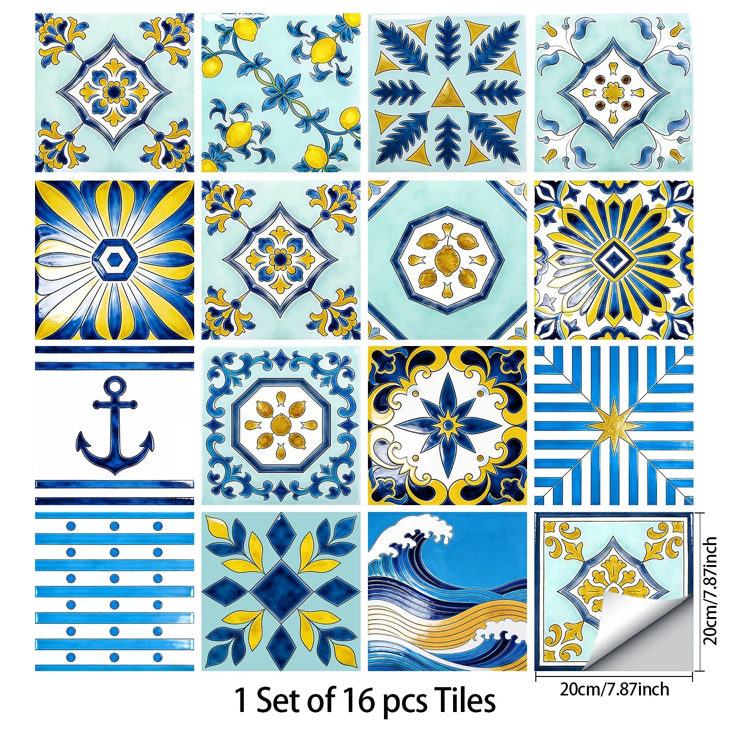 16pcs Portuguese Azulejo Tile Decals - Blue Yellow Floral Geometric Self-Adhesive Wall Stickers for Home Decor