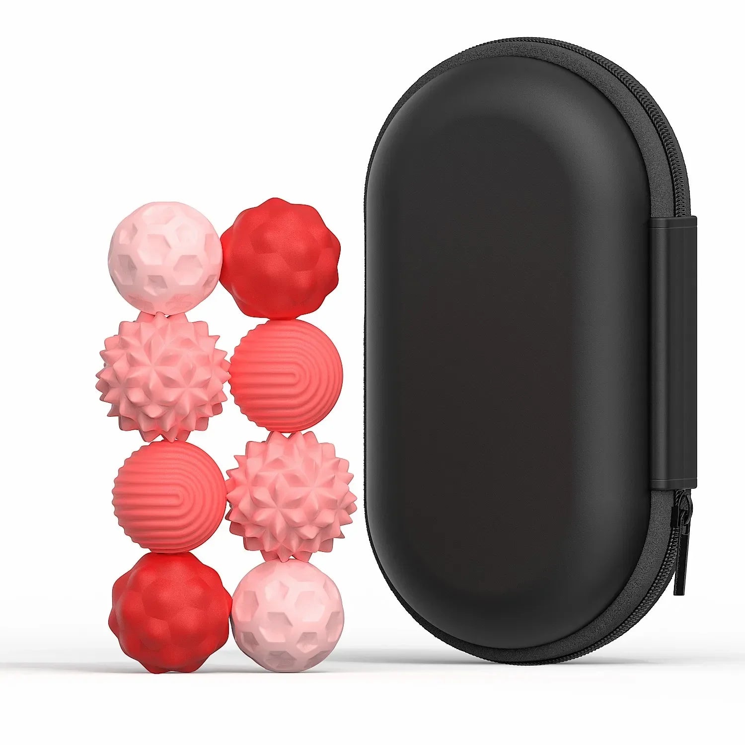 Set of eight red and pink silicone massage balls with varied textures in a black zippered carrying case.