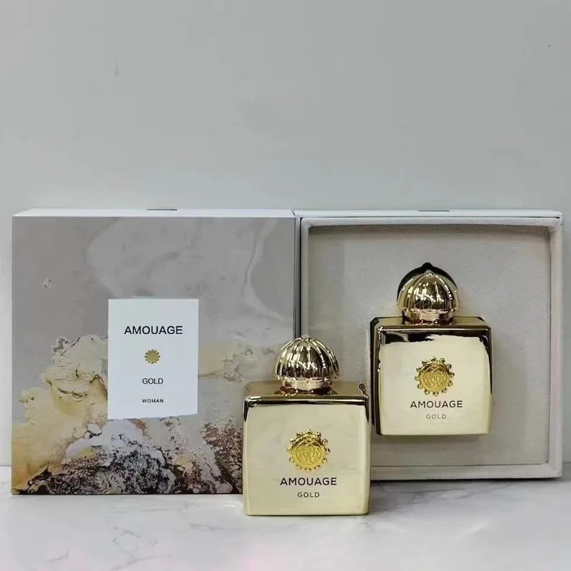 Amouage Gold Woman EDP: Luxury Arabic woody oriental perfume in a gold square bottle with a rounded cap and gift box.