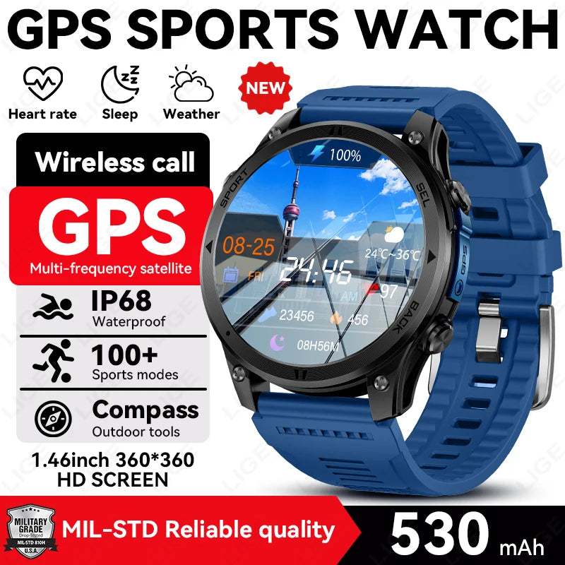 GPS sports watch with black case and blue silicone strap, circular HD display