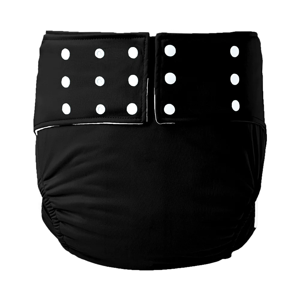 Solid black reusable cloth diaper with adjustable white snap buttons for custom baby care fit.