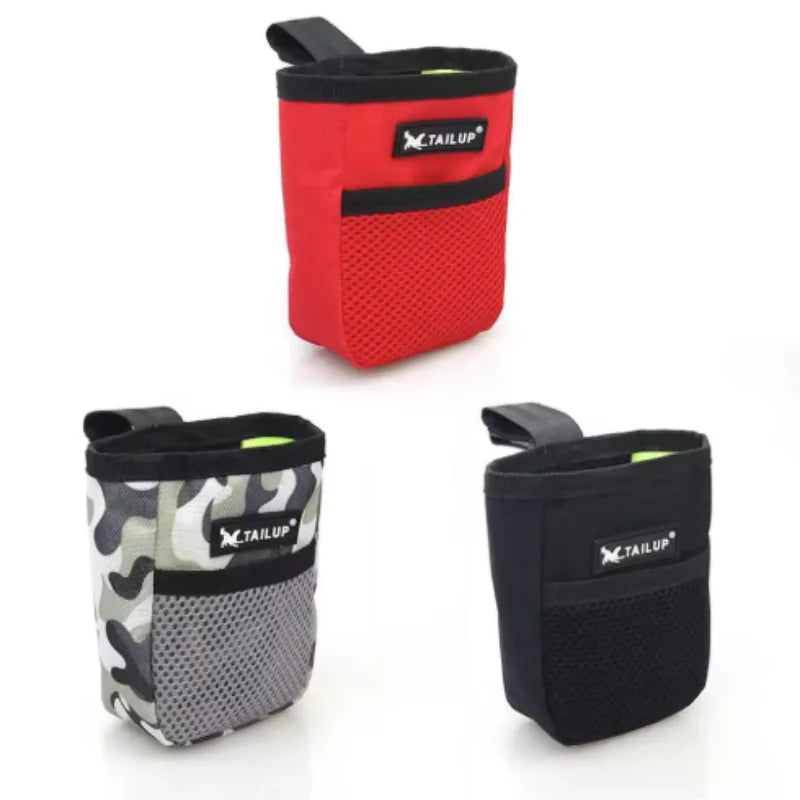 Tailup dog training treat pouches in red, camo, and black for easy puppy obedience, agility, and snack rewards.