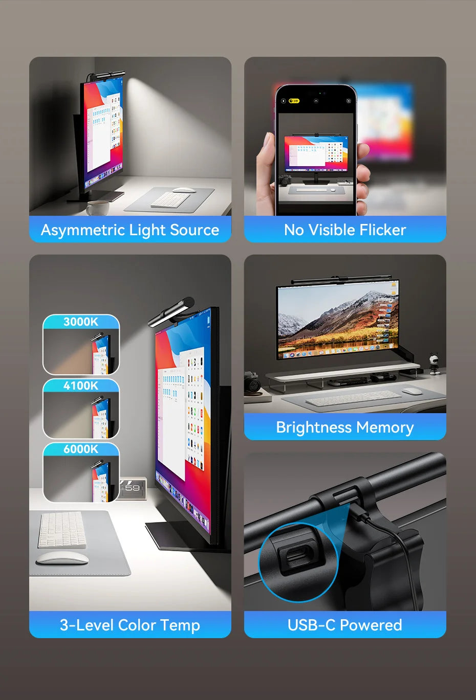 Vention LED Monitor Light Bar PC Laptop Screen Light Bar Hanging Eye Protection Asymmetric Light Source USB 3 Colour Read Lamp