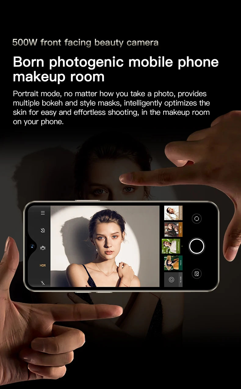 SOYES F9 Max mini smartphone front camera UI showing beauty portrait mode, bokeh effects, and makeup settings.