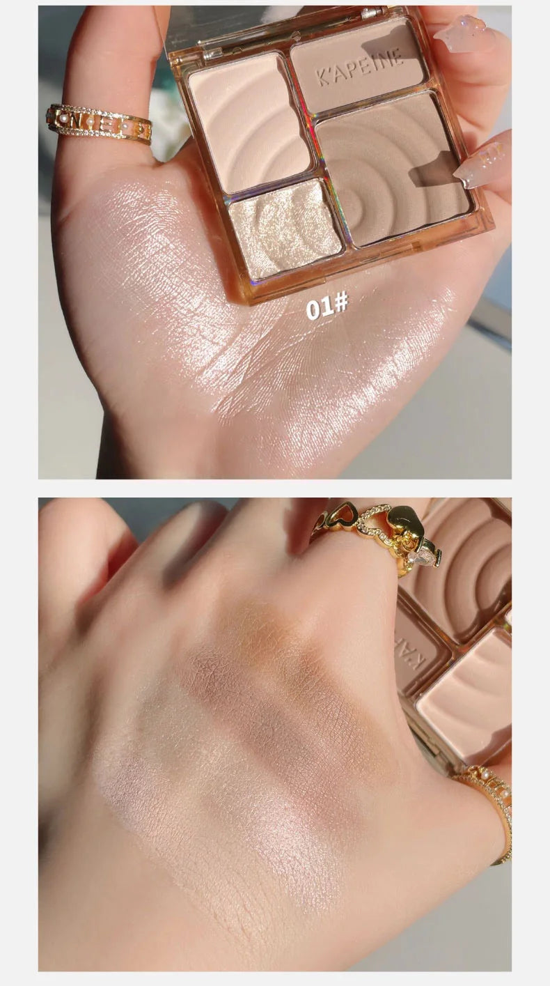 Tidesmit 4-color matte highlighter and contour palette for 3D facial sculpting and shimmering eye shadow swatches
