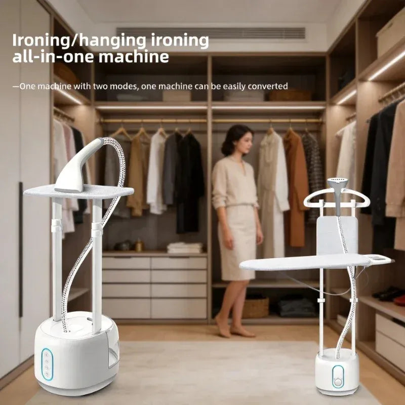 Garment steamer and ironing machine in a modern walk-in closet, showing vertical and horizontal modes.