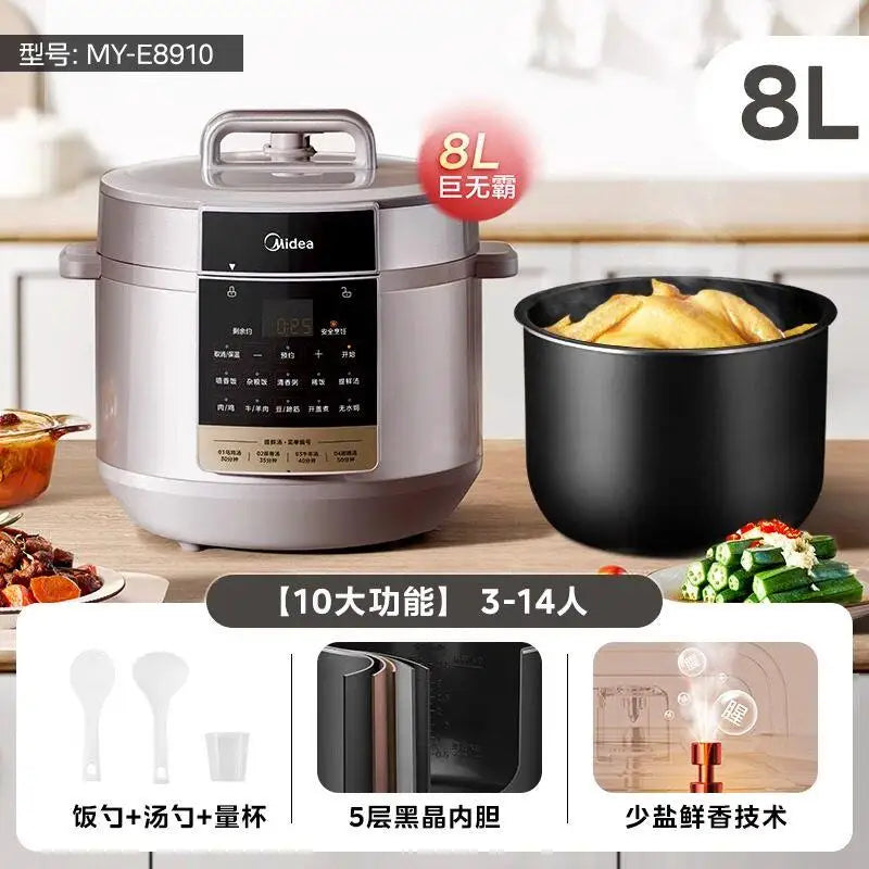 8L electric pressure cooker with inner pot holding food and digital control panel