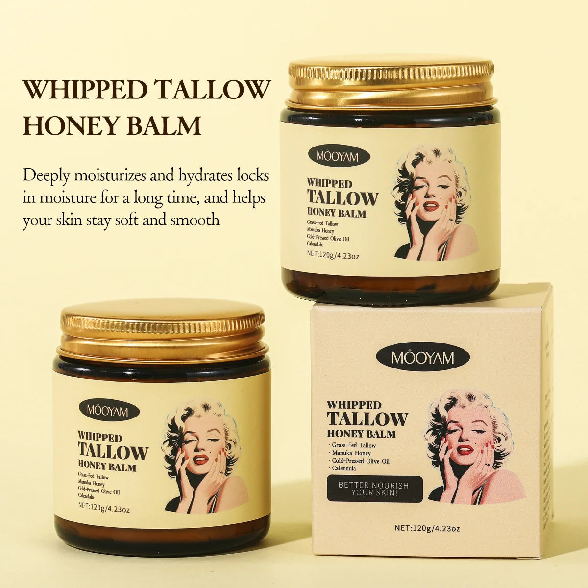 120g Whipped Beef Tallow And Honey Balm Beef Tallow Face Moisturizer Face & Body Skin Care Grass Fed Grass Finished Face Cream