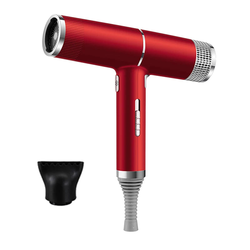 Red leafless hair dryer with concentrator nozzle, intelligent temperature control, and negative ion technology.