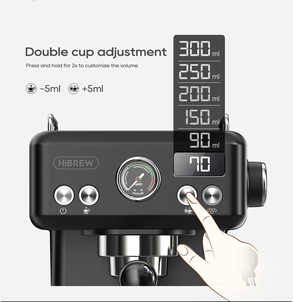 HiBrew black espresso machine showing digital volume adjustment interface with pressure gauge and cup size settings.