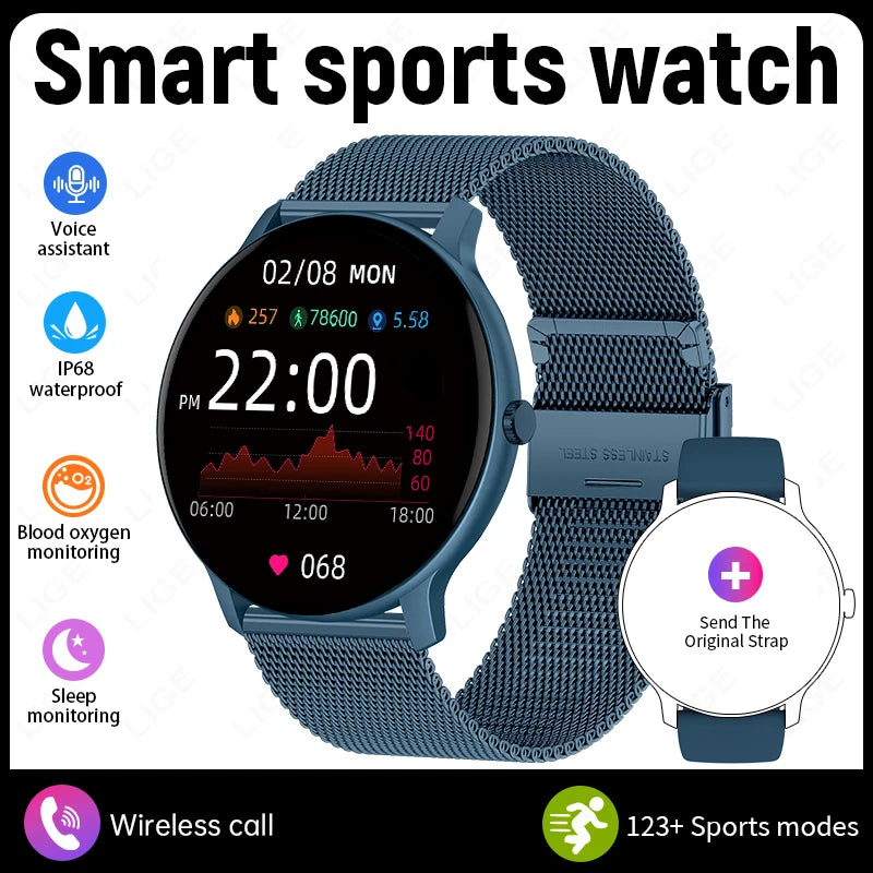 Blue mesh smart sports watch with circular screen and metal mesh band