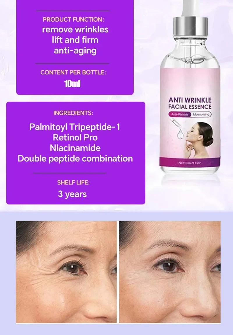Anti-Wrinkle Facial Essence with Retinol, Niacinamide, and Peptides in a 10ml dropper bottle for firm, elastic skin.