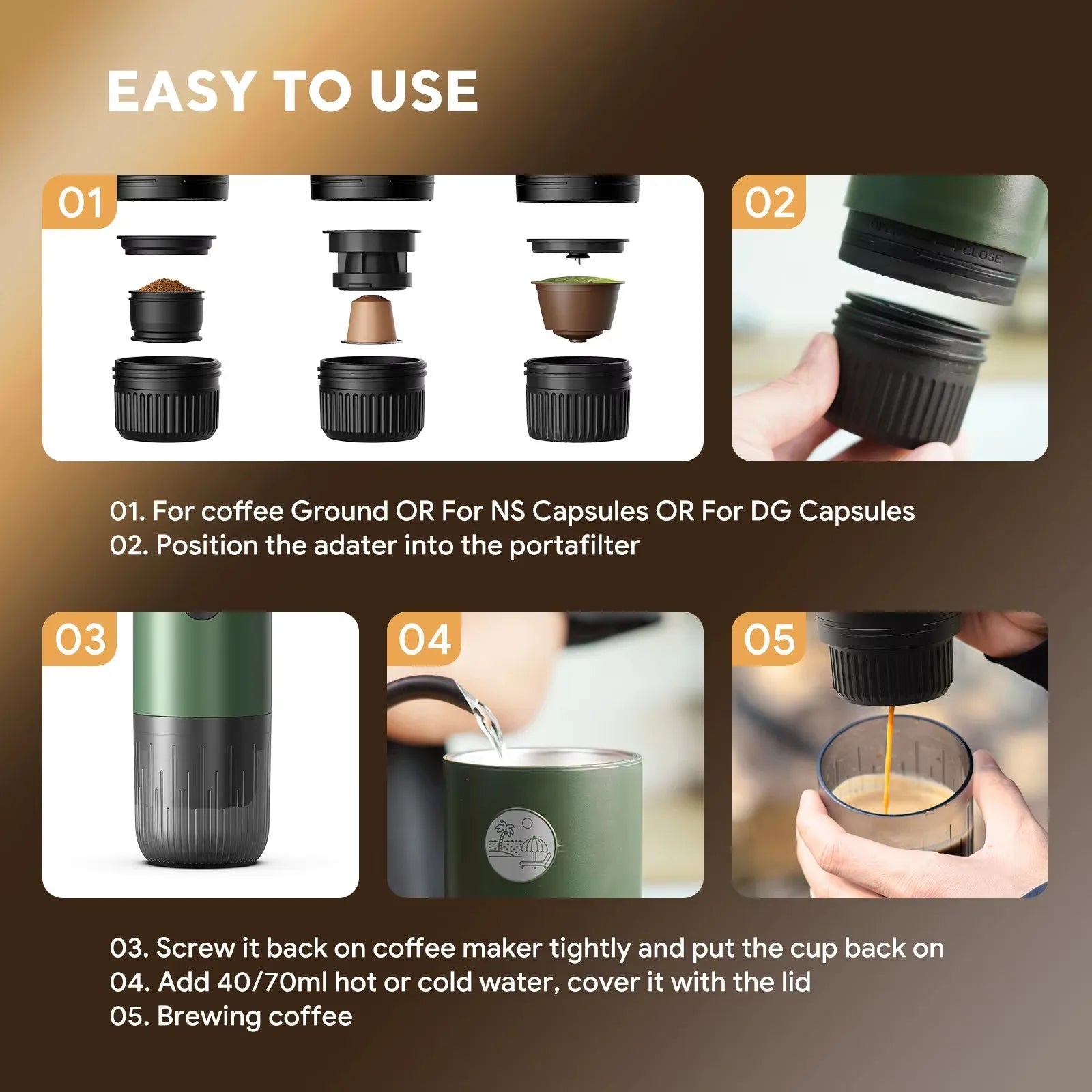 Green portable coffee maker instructions: compatible with ground coffee, NS, and DG capsules, 70ml capacity.