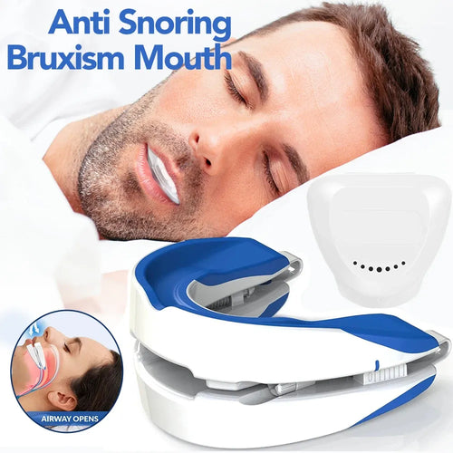 Blue and white anti-snoring mouth guard for sleep apnea and bruxism relief with storage case.