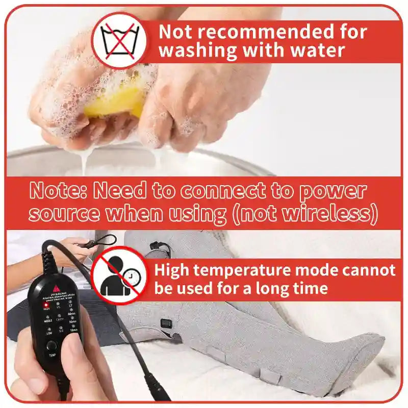Grey fabric leg massager with a wired remote control, requiring a power connection and not for use in water.