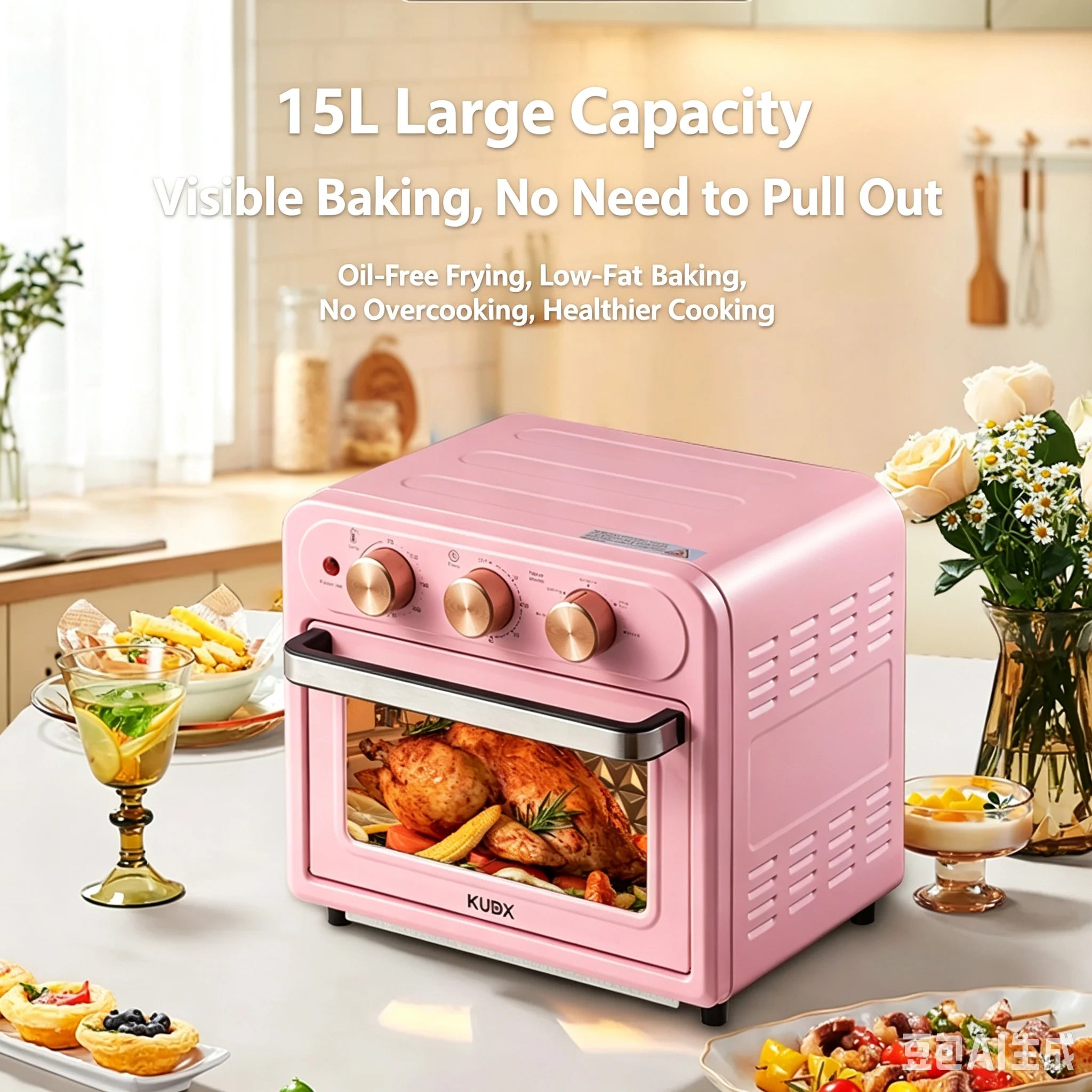 15L Visible Air Fryer Oven Retro Pink Multifunctional Toaster Oven Oil-Free Baking Mini Electric Oven 15.85QT Countertop Oven