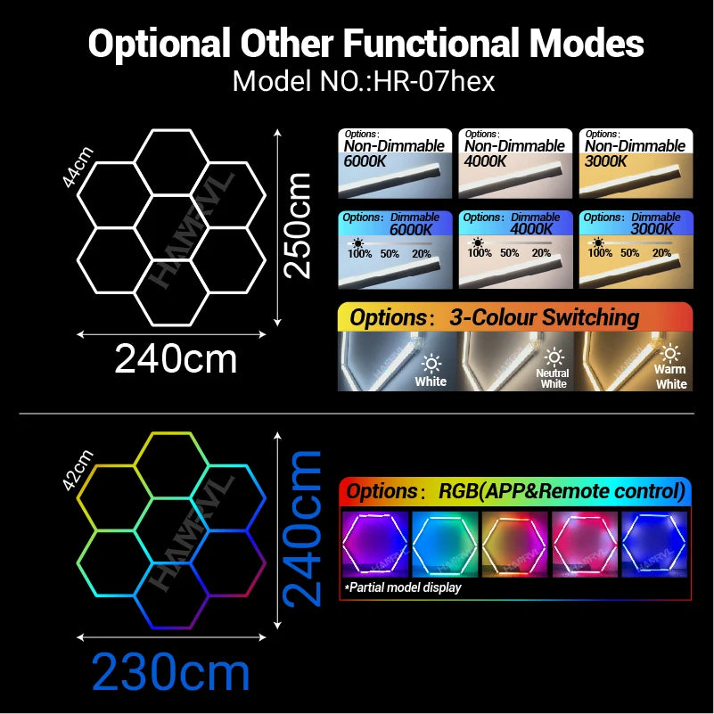 Hexagon honeycomb LED ceiling light panel array with RGB color change and dimming options