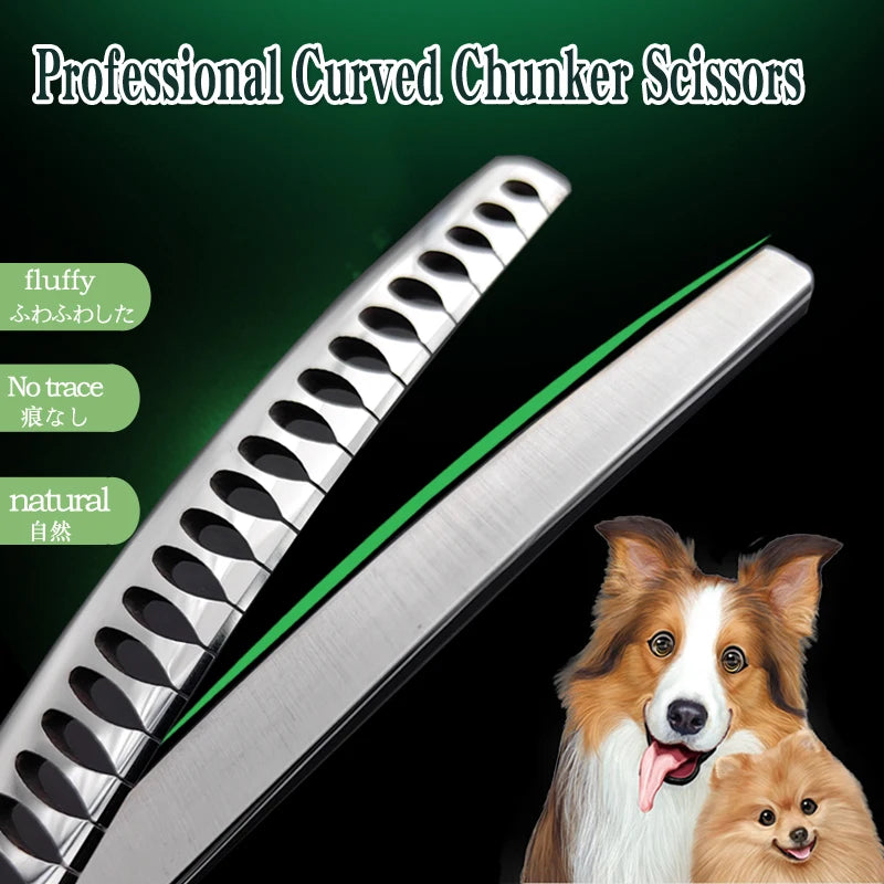 7-inch professional dog grooming curved chunker shears with fishbone teeth for natural, fluffy pet hair trimming.