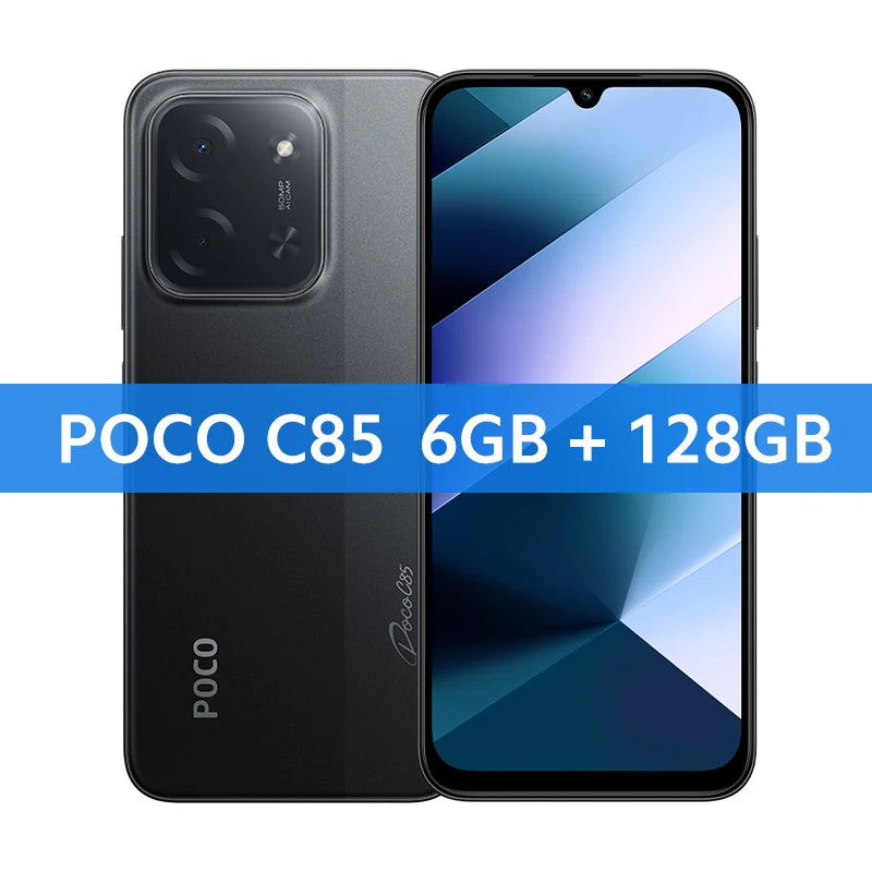 Black POCO C85 128GB smartphone, front and back view, 6.9-inch display, 50MP AI camera, modern budget mobile device.