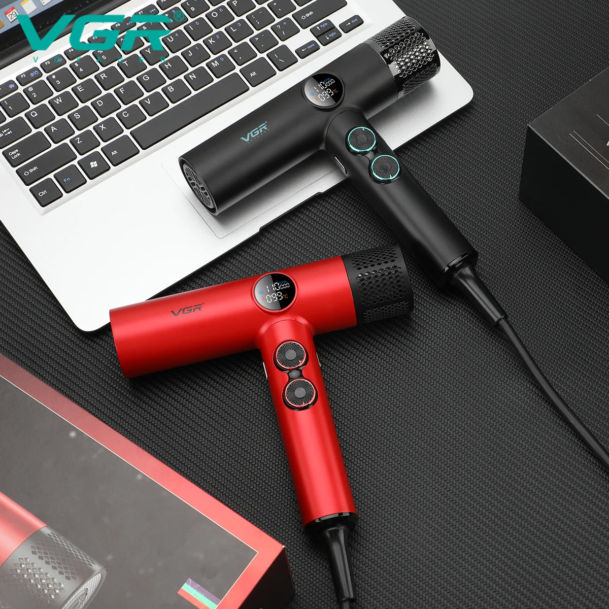 VGR V-401 professional hair dryer with digital display, 110k RPM brushless motor, in sleek black and red designs.