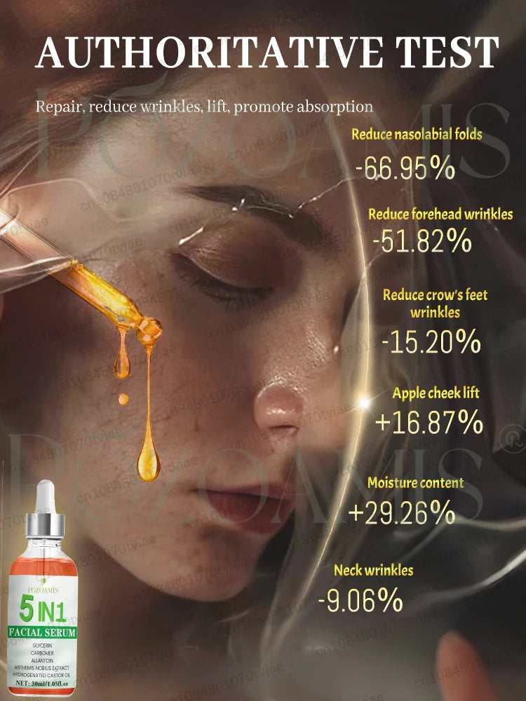 POZOAMIS 5-in-1 anti-aging facial serum: glycerin, carbomer, and chamomile extract in a 30ml glass dropper bottle.