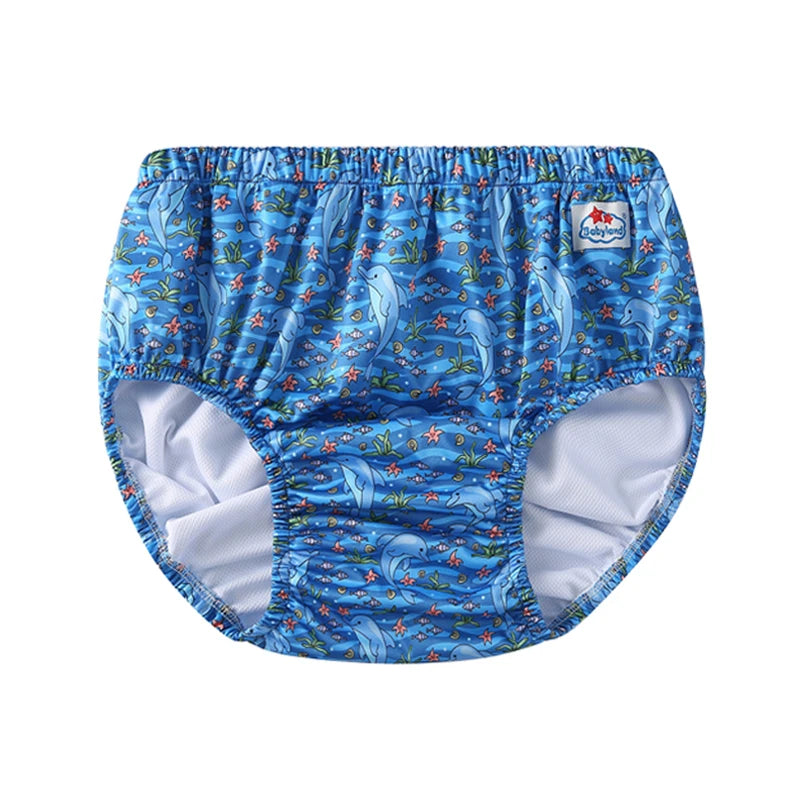 Babyland reusable baby swim diaper in blue with dolphin and starfish print.
