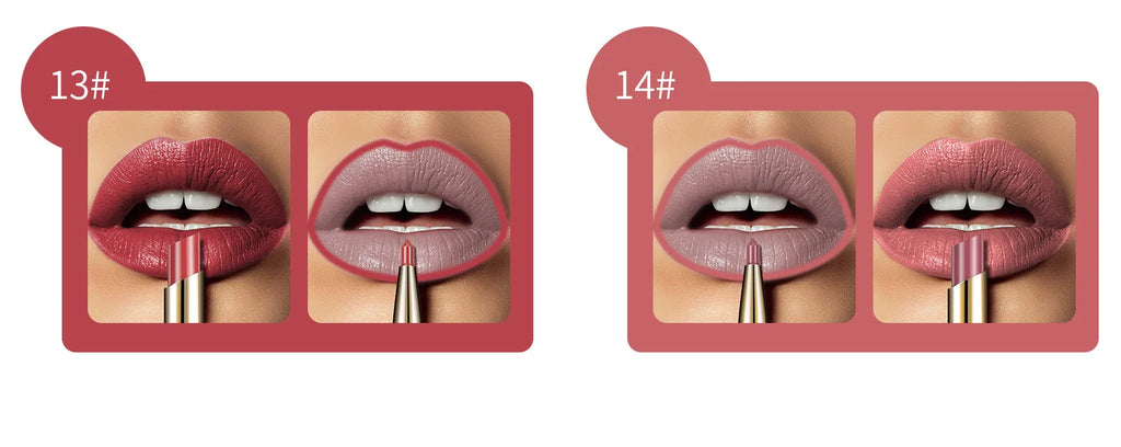 2-in-1 waterproof matte lipstick and lip liner pencil in nude and red shades for long-lasting, defined lip makeup.