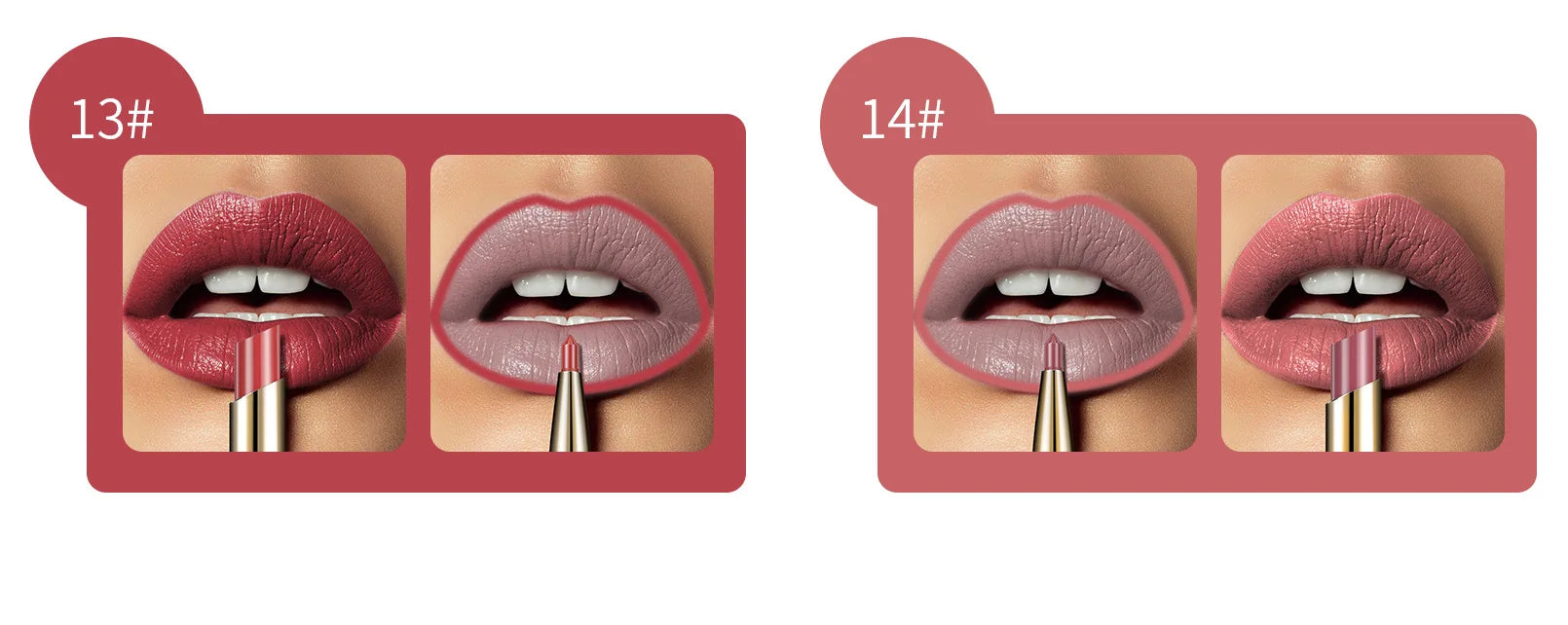 2-in-1 waterproof matte lipstick and lip liner pencil in nude and red shades for long-lasting, defined lip makeup.