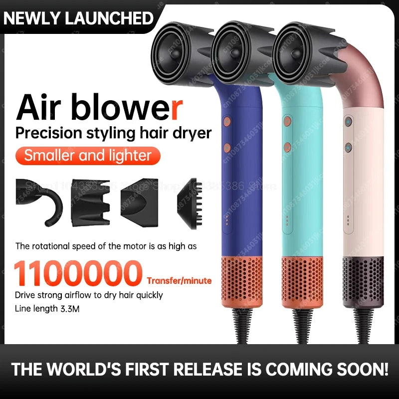 Leafless negative ion hair dryer with precision styling attachments in blue, teal, and pink. Lightweight air blower.