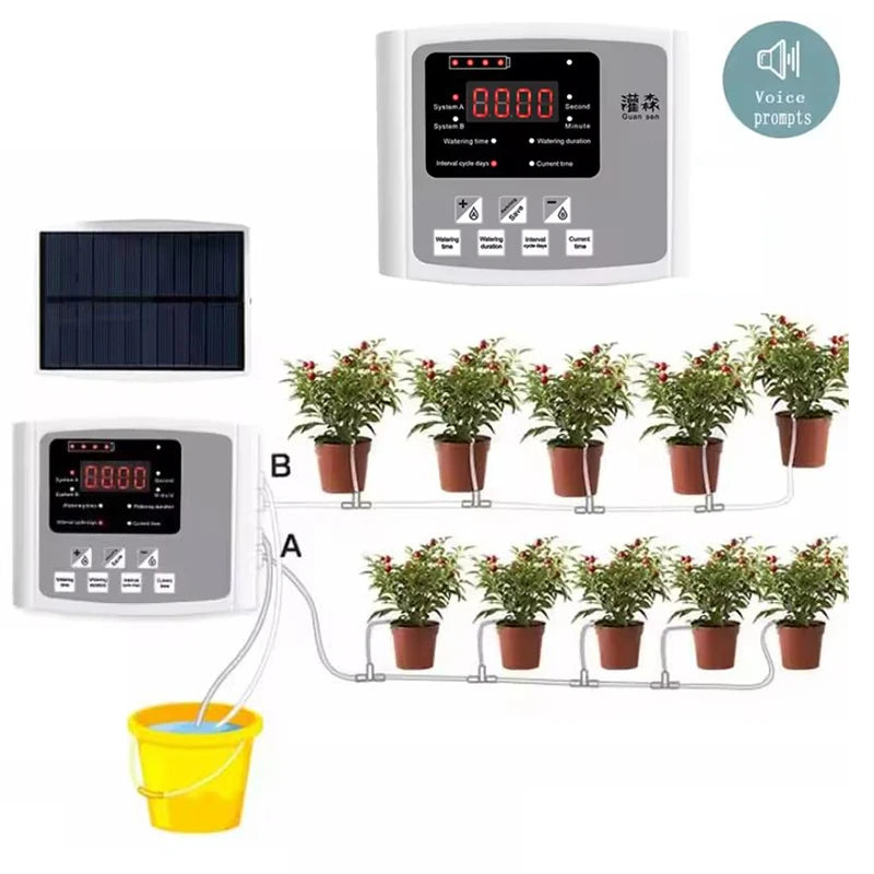 Solar drip irrigation timer controller with drip outlets and flexible hose lines