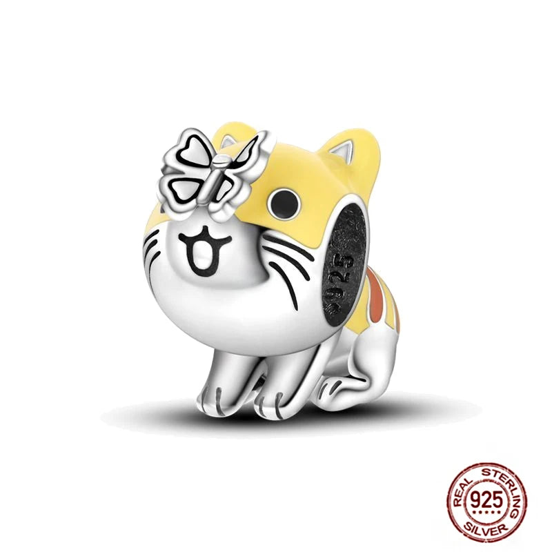 925 sterling silver cat charm with butterfly for DIY bracelets, cute yellow pet bead jewelry for animal lovers.