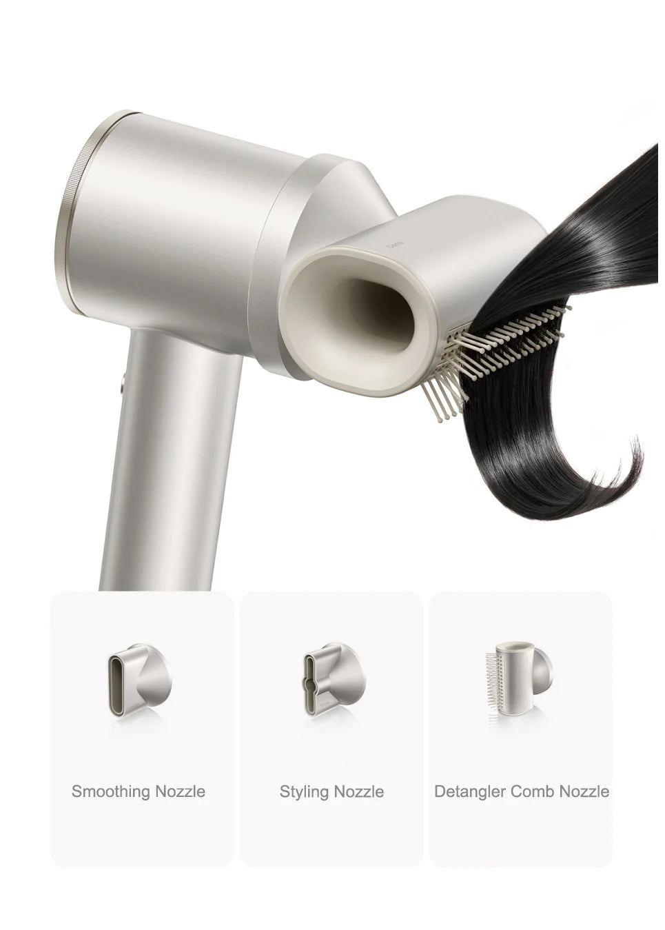 Silver MIJIA High-Speed Water Ion Hair Dryer with detangler comb nozzle for fast, smooth professional hair styling.